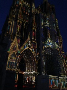 Light display on west elevation of  Reims cathedral, 17 May 2015